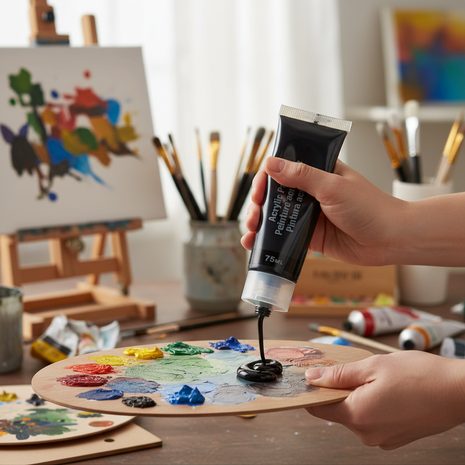 Artista aplicando pintura acrílica negra 75ml sobre paleta, color opaco intenso para pintura en tela Perú


