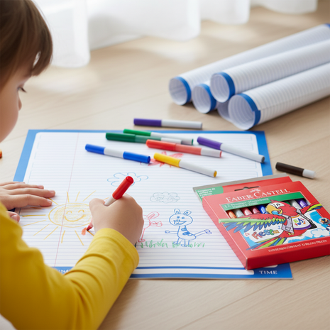 Niño usando pack papelógrafos + plumones Faber-Castell Fiesta 12 colores