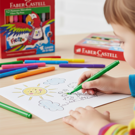 Niño usando plumones Faber-Castell Fiesta 12 colores lavables