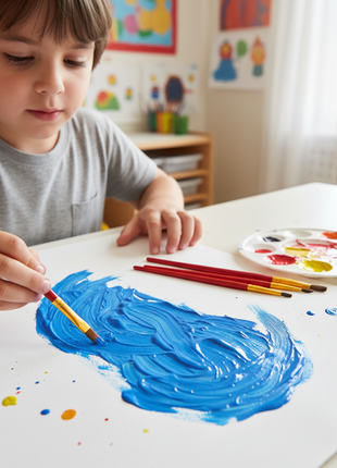 Niño usando set de 5 pinceles escolares Ove para pintar