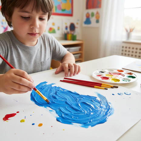 Niño usando set de 5 pinceles escolares Ove para pintar