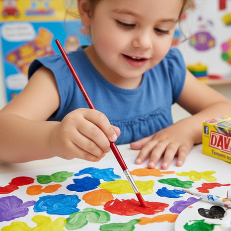 Niño usando témpera escolar David 7 colores con pincel incluido