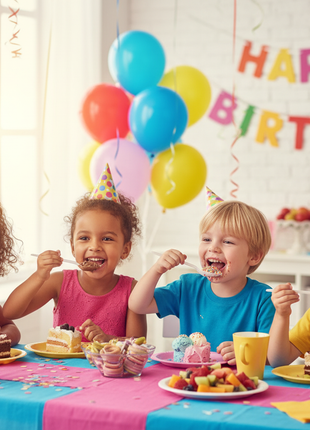 Niños usando cucharas descartables en fiesta