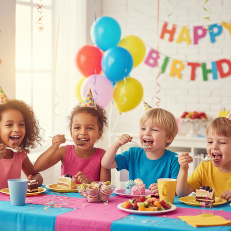 Niños usando cucharas descartables en fiesta