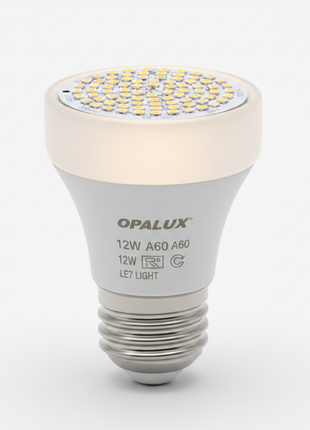 Opalux LED 12W – detalle chip LED y base E27 – difusor opal – tecnología ecológica de bajo consumo 220V

