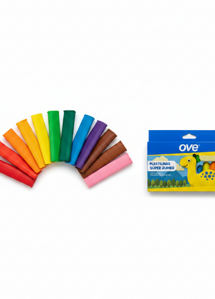 OVE Plastilinas Súper Jumbo flat lay 12 barras colores arcoíris modelado infantil