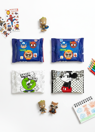 Pañuelos desechables – flat lay 4 diseños Marvel Disney – Captain America Hulk Avengers Mickey Mouse