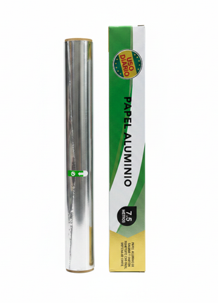 Papel aluminio 7.5m – uso diario – sistema de corte integrado – conservación de alimentos y cocina.