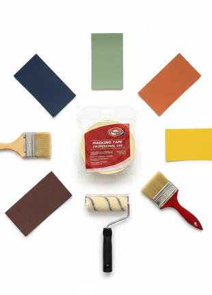 Pegafan masking tape flat lay herramientas