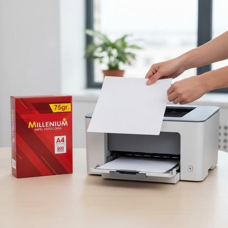Persona cargando papel bond Millenium A4 75gr en impresora