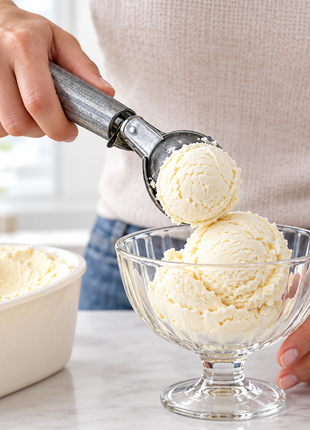 Persona sirviendo helado con la cuchara