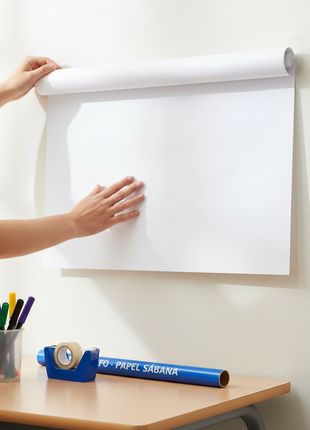 Persona usando papelógrafo papel sábana para exposición escolar