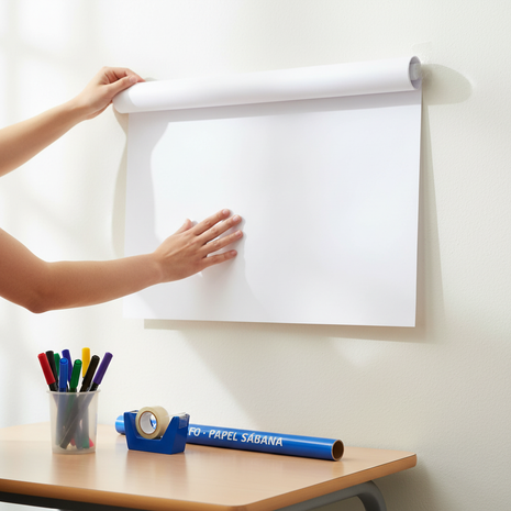 Persona usando papelógrafo papel sábana para exposición escolar