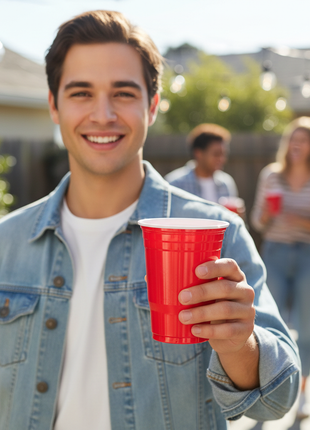 Persona usando vaso rojo con tapa