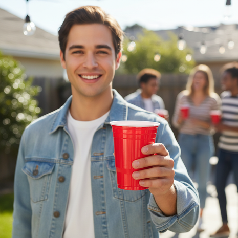 Persona usando vaso rojo con tapa