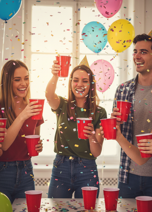 Personas en fiesta usando los 12 vasos rojos