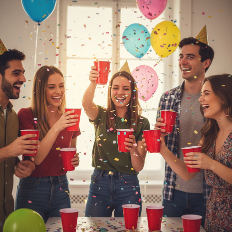 Personas en fiesta usando los 12 vasos rojos