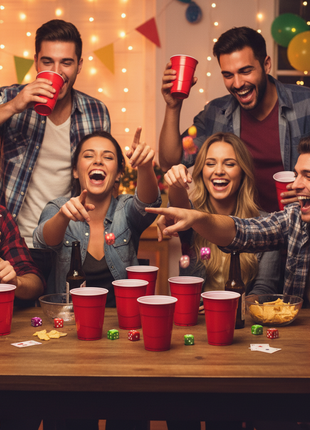 Personas jugando con vasos rojos y dados