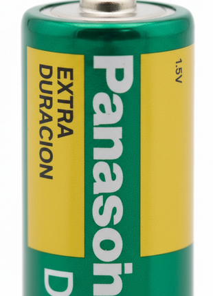 Detalle pila tipo D Panasonic 1.5V – etiqueta verde certificada – batería alcalina de máxima potencia

