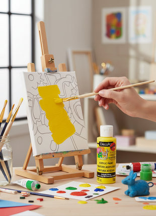 Pintura Acrílica Amarilla DecoArt Kids en uso