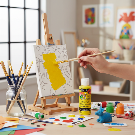 Pintura Acrílica Amarilla DecoArt Kids en uso