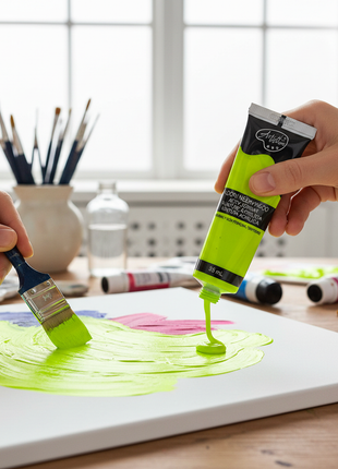 Pintura acrílica amarillo neón en situación de uso