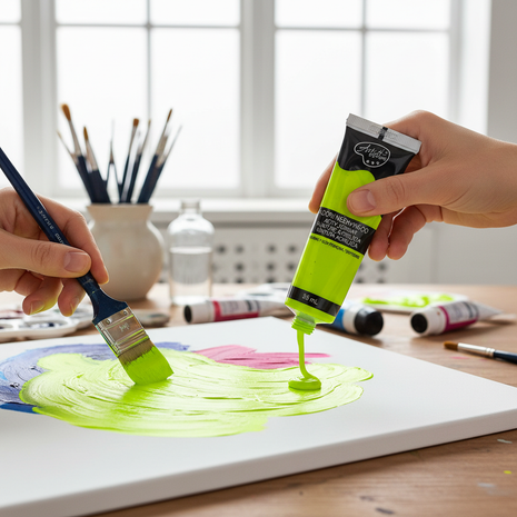 Pintura acrílica amarillo neón en situación de uso