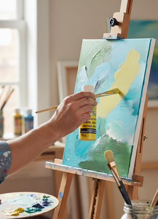 Artista aplicando pintura acrílica amarillo pastel DecoArt sobre lienzo, ideal para manualidades

