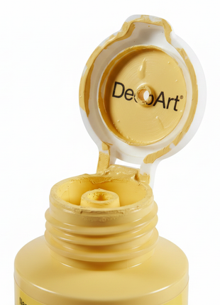 Detalle tapa flip-top pintura acrílica DecoArt amarillo pastel 118ml — dosificación precisa