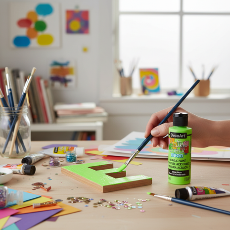 Pintura Acrílica Neon Verde DecoArt en uso