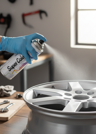 Pintura en spray aluminio Tekbond Super Color 400ml aplicación sobre pieza metálica DIY