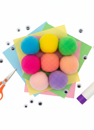 OC Shop flat lay 9 pompones multicolor accesorios manualidades proyectos creativos