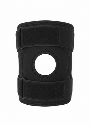 MU Group rodillera neoprene flat lay apertura rotuliana velcro ajustable talla estándar