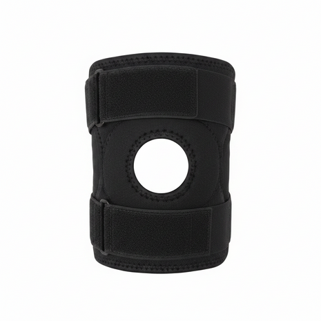 MU Group rodillera neoprene flat lay apertura rotuliana velcro ajustable talla estándar