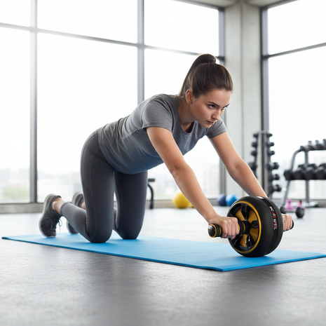 Persona haciendo ejercicio de abdominales con rodillo rueda abdominal, entrenamiento core en casa

