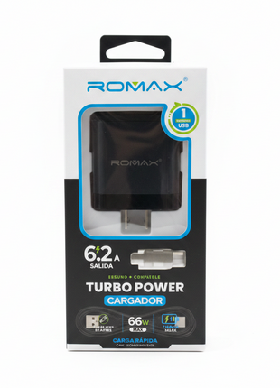CARGADOR CON CABLE NEGRO TIPO C 66W ROMAX