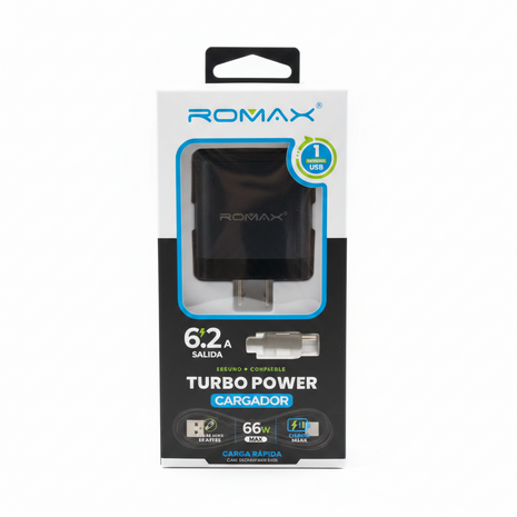 CARGADOR CON CABLE NEGRO TIPO C 66W ROMAX