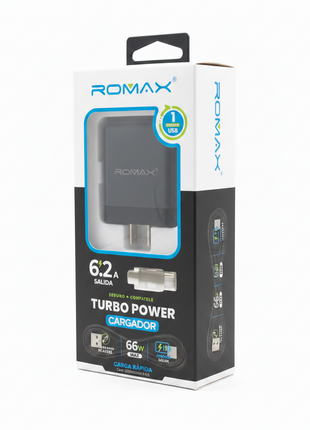 CARGADOR CON CABLE NEGRO TIPO C 66W ROMAX