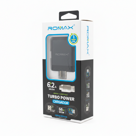CARGADOR CON CABLE NEGRO TIPO C 66W ROMAX