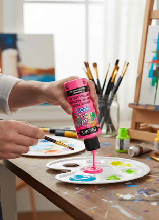 Artista aplicando pintura acrílica neón rosa 118ml sobre paleta, color fluorescente para manualidades


