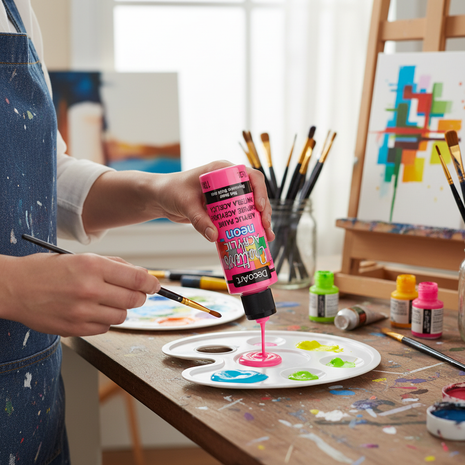 Artista aplicando pintura acrílica neón rosa 118ml sobre paleta, color fluorescente para manualidades


