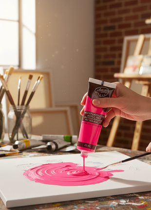 Artista aplicando pintura acrílica neón rosa 22ml Acrilex sobre paleta, color fluorescente vibrante para arte Perú

