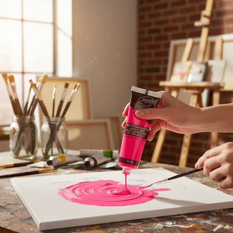 Artista aplicando pintura acrílica neón rosa 22ml Acrilex sobre paleta, color fluorescente vibrante para arte Perú

