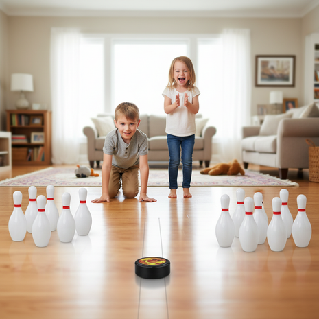 Set bowling infantil – juego para 2 jugadores – pines y slide – diversión en casa sobre superficie lisa