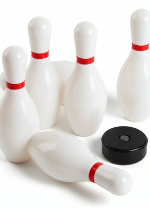 Set bowling Yashow – pines plástico blanco con franja roja – slide disc negro – juego realista para niños