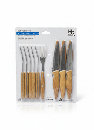 Set Cuchillos y Tenedores 12pzs HC - empaque blister fondo blanco