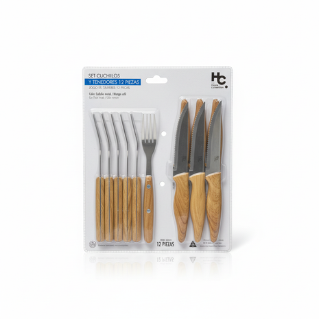 Set Cuchillos y Tenedores 12pzs HC - empaque blister fondo blanco