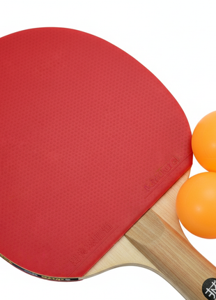 Set ping pong completo – flat lay con 2 paletas 3 pelotas y red – madera y goma – kit de tenis de mesa