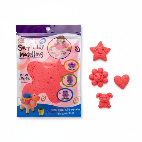 Soft Clay Modelling roja – flat lay con figuras moldeadas – arcilla ligera y esponjosa – proyectos creativos