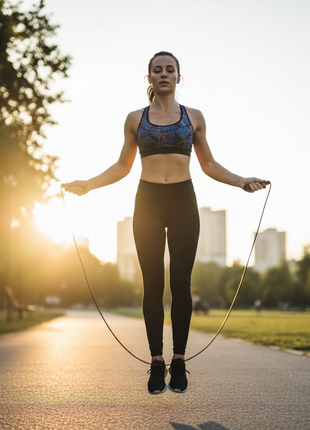 Atleta saltando soga negra en entrenamiento cardio intenso, ejercicio fitness y crossfit en Perú

